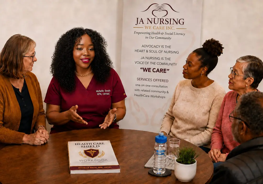 Michelle Smith speaking with clients around a table, the Health Care Shield in front of them