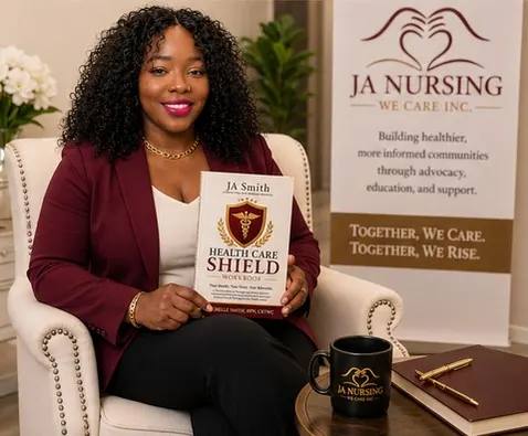 Michelle Smith holding the Health Care Shield