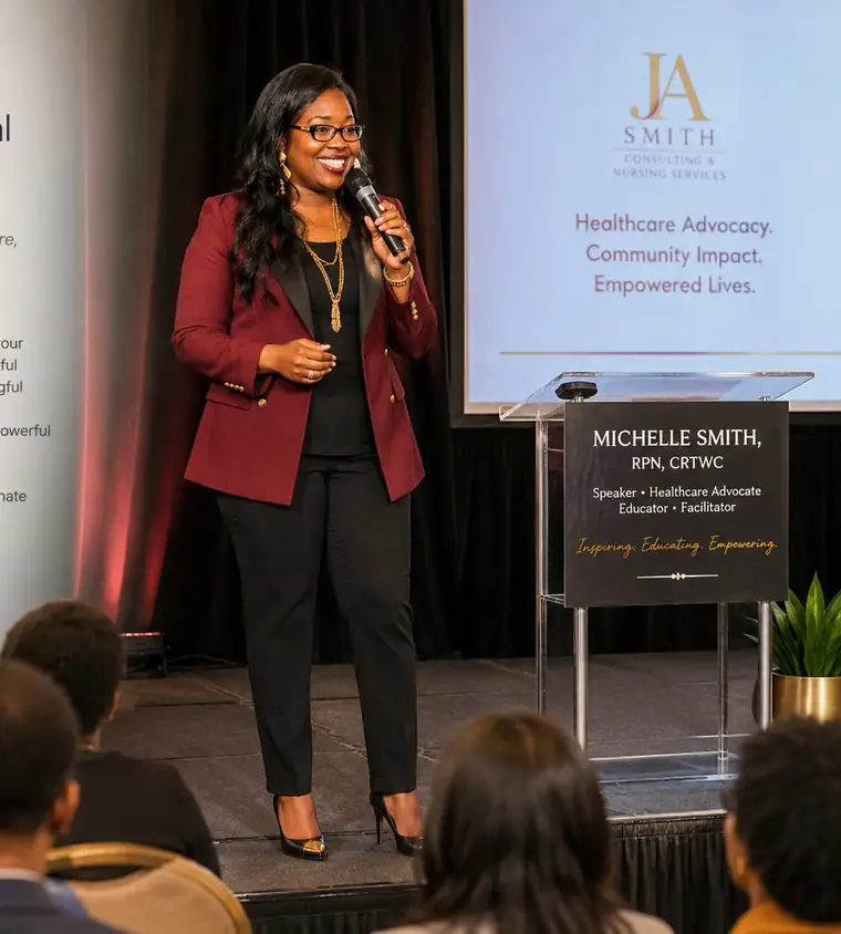 Michelle Smith speaking on stage at a professional event